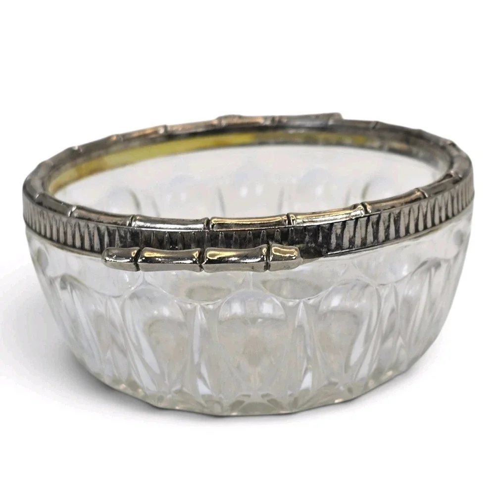 Vintage Reims France Cut Crystal Silverplate Bamboo Handle Serving Bowl